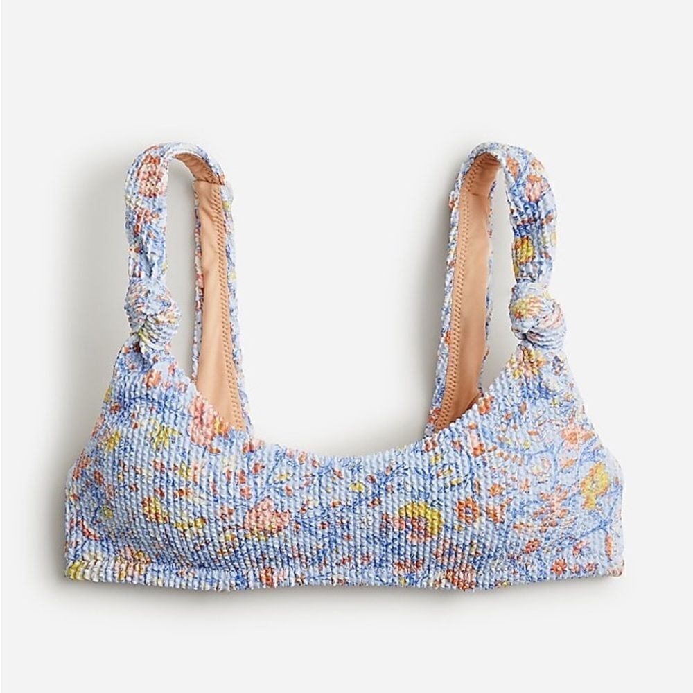 J crew Scrunchie knotted scoopneck bikini top in afternoon flora